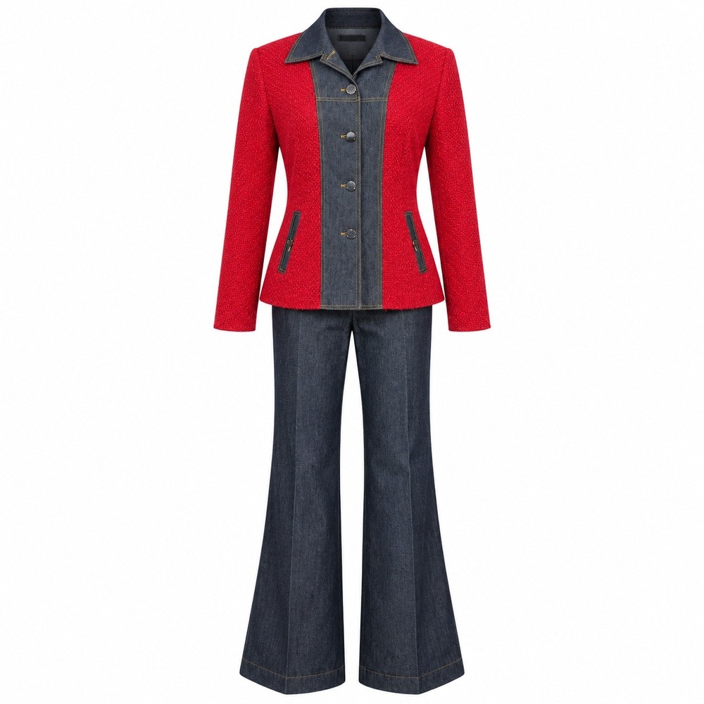 Mondi‎ Vintage 90s Red Wool Blazer Dark Denim Wide Leg Pants Set Power Suit Chic